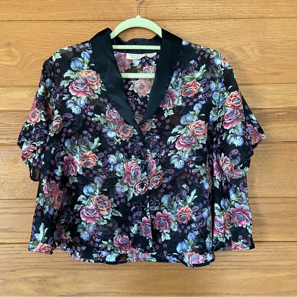 Vintage Victoria's Secret gold tag pink and black floral print shirt
